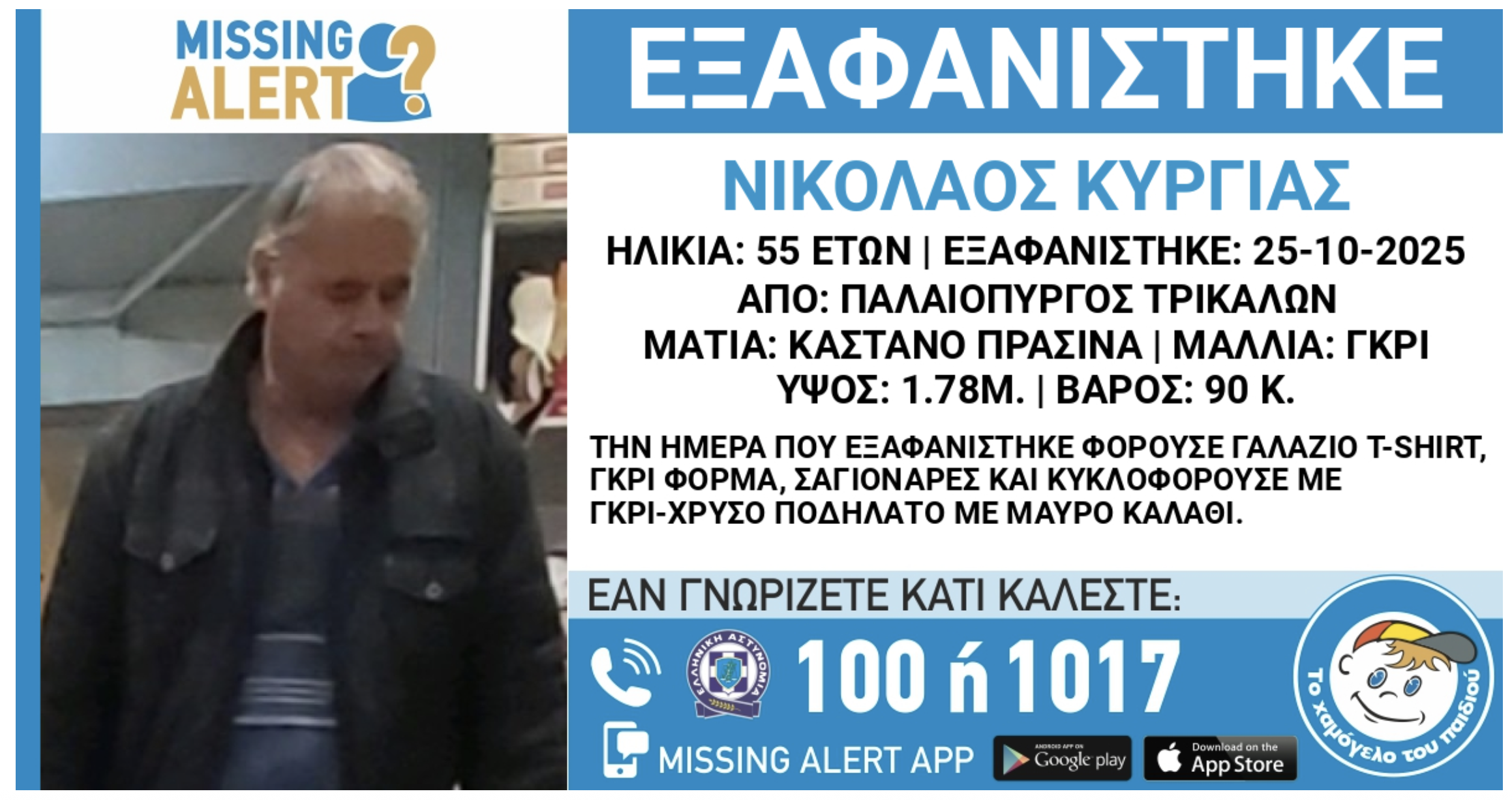 Συναγερμός στα Τρίκαλα: Εξαφανίστηκε 55χρονος άνδρας από τον Παλαιόπυργο – Αγωνία για τη ζωή του